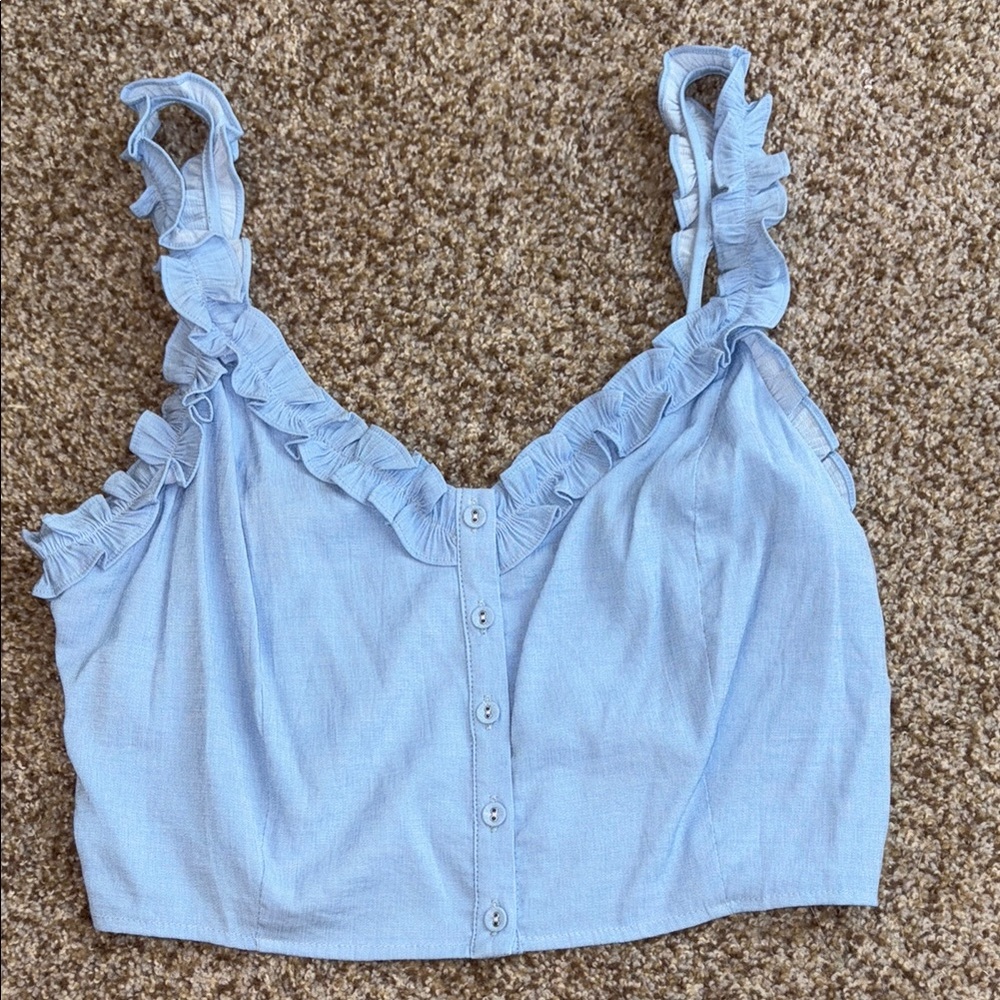 Light Blue Linen Ruffled Top